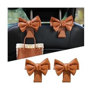 HZEL Car Seat Headrest Hooks, 2PCS Cute Bow Vehicle Seat Back Storage Hanger for Purse Coat Bag, Multifunctional Auto Interior Decoration Accessories, Universal for Truck SUV Sedan (Brown)