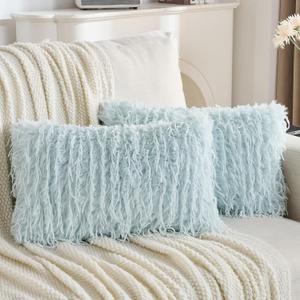 FUTEI Pack of 2 Fluffy Faux Fur Throw Pillow Covers 12x20 Inch, Light Blue | Double-Sided Plush Fabric,Feather Texture,Hidden Zipper,Machine Washable,Non-Shedding,Fade-Resistant, Insert No Included.