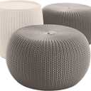KETER Urban Knit Pouf Ottoman Set of 3 with Storage Table for Patio and Room Dcor-Perfect for Balcony, Deck, and Outdoor Seating, Cream & Taupe