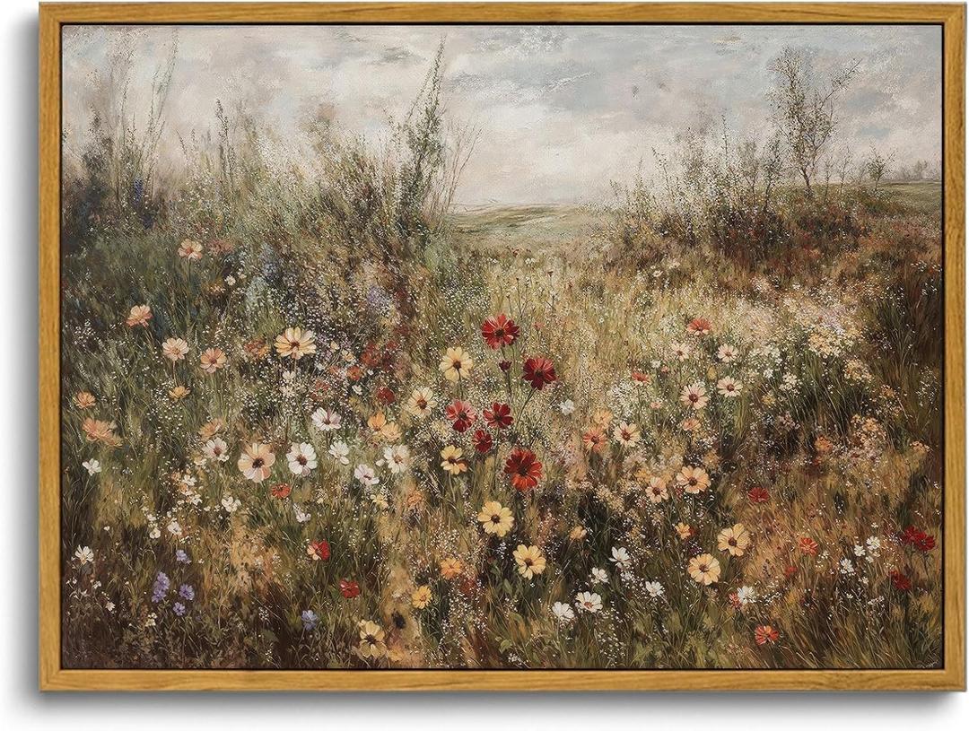 OIQArtOIQ Vintage Wildflowers Landscape Wall Art Framed Floral Natural Scenery Oil Painting Canvas Prints Country Farmhouse Fall Decor Pictures Kitchen Bedroom Living Room Bathroom 