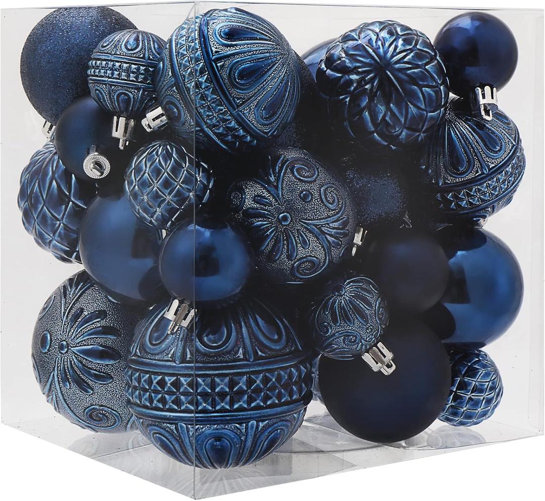 Christmas Ball Ornaments Navy Blue Christmas Tree Decorations with Hang Rope - 36pcs Shatterproof Christmas Ornaments Set with 6 Styles in 3 Sizes (Small Medium Large)