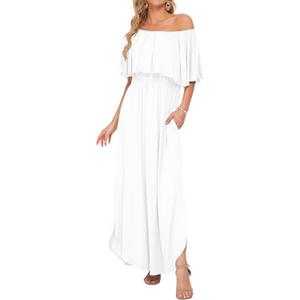 AUSELILY Womens Off The Shoulder Dress Summer Casual Long Ruffle Party Side Split Beach Maxi Dresses with Pockets (Small, White)