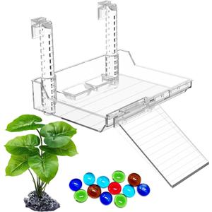 GOZILLA Turtle Basking Platform with Feeding Tray & Adjustable Ramp,Anit-Slip,Durable,Height Adjustable Hanging Platform.Acrylic Turtle Dock for Small Turtles, Reptiles and Aquatic Pets. (Large Kit)
