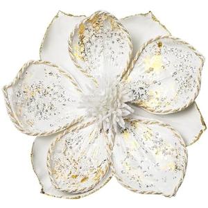 Briful 12’’ Large Heads Christmas Glitter Magnolia Flowers Christmas Tree Ornaments Set of 4 Artificial Flowers with Picks Stems for Xmas Tree Holiday Decorations,White