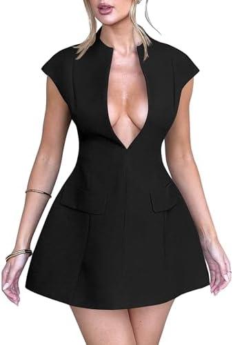 YMDUCH Women's Sexy Deep V Neck Cap Sleeve A-line Mini Club Party Dress, Black Large