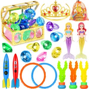 VGOFUN Diving Pool Toys for Kids Ages 3-12, 21 Pcs Mermaid Pool Toys with Golden Pirate Treasure Chest, Summer Underwater Game Toys Pool Dive Torped Rings Gems Swim Toy with Storage Bag for Girls Boys
