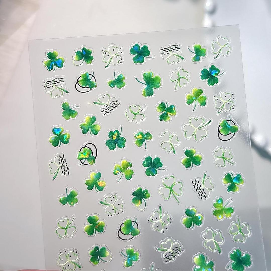 2 x St. Patrick's Day Nail Art Stickers 5D Shamrock Nail Decals Green Lucky Charms Four Leaf Clover Stickers for Women Irish Embossed Green Shamrock Self-Adhesive Spring Supplies Manicure Decor