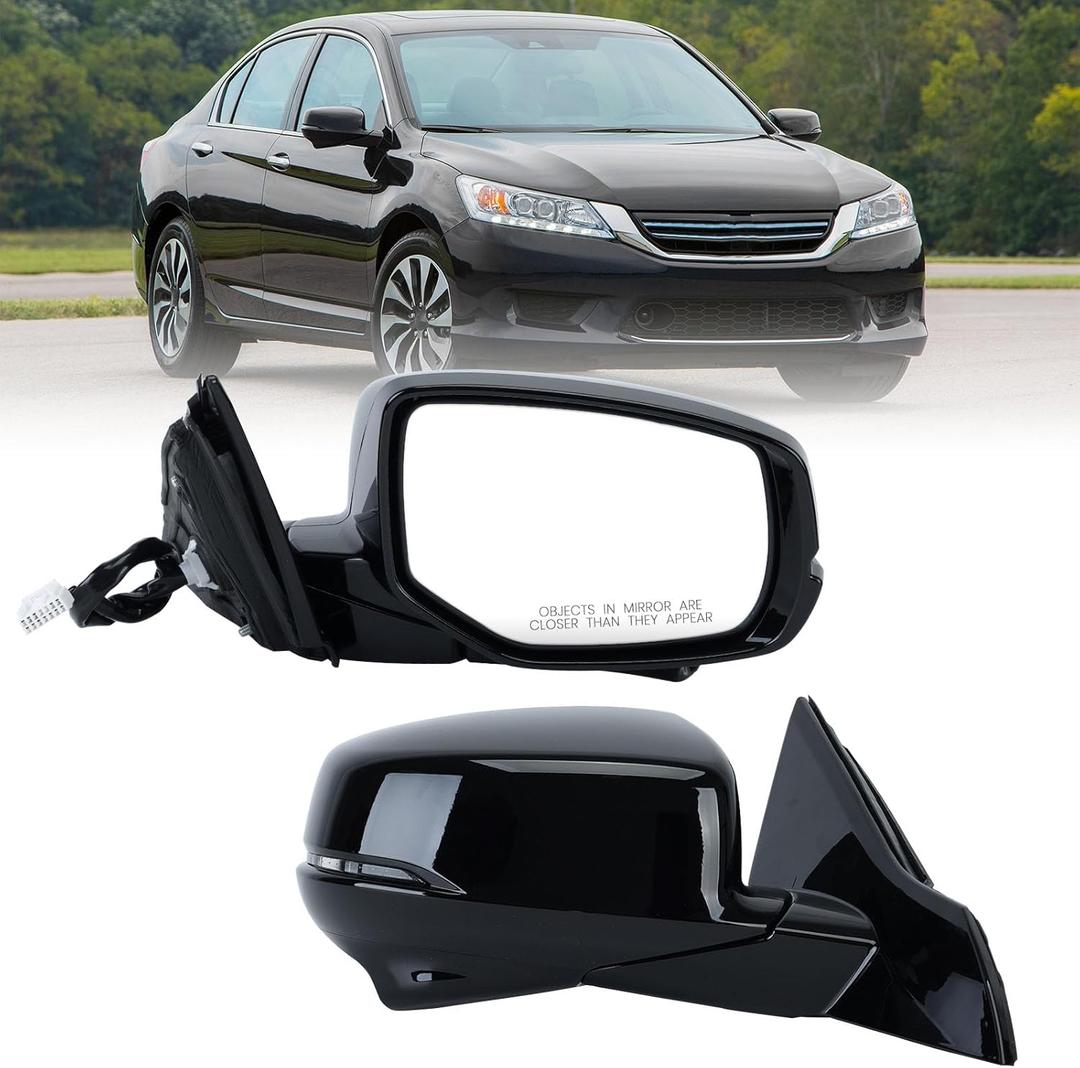 Passenger Side Mirror Compatible with Honda Accord Sedan 2013-2015 with Camera Power Glass Heated with Turn Signal Manual Folding Right Door Mirrors Replaces #76200T2GA42ZC 12 Pins (Black)