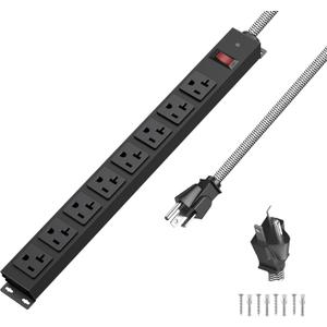20 Amp Power Strip Heavy Duty, 12 Gauge Extension Cord for Appliance Workbench Garage Industrial, Metal 8 Outlets Combine with T-Plug Adapter 5-20R T-Slot, 1200J Surge Protector