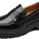 Loafers for Women Leather Chunky Platform Penny Shoes Classic Round Toe Comfortable Business Work Shoes (10, Black)