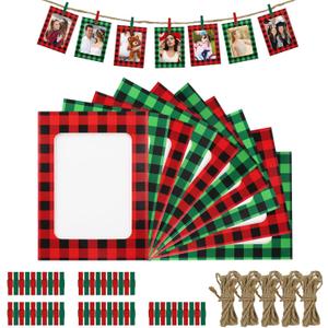 50Pack Christmas Paper Picture Frames 4x6 Inserts,Red and Green Paper Frame with Wood Clips Jute Twine,Cardboard Frames for Home DIY Cardboard Photo Hanging Display for Christmas Wall Decor (Black)
