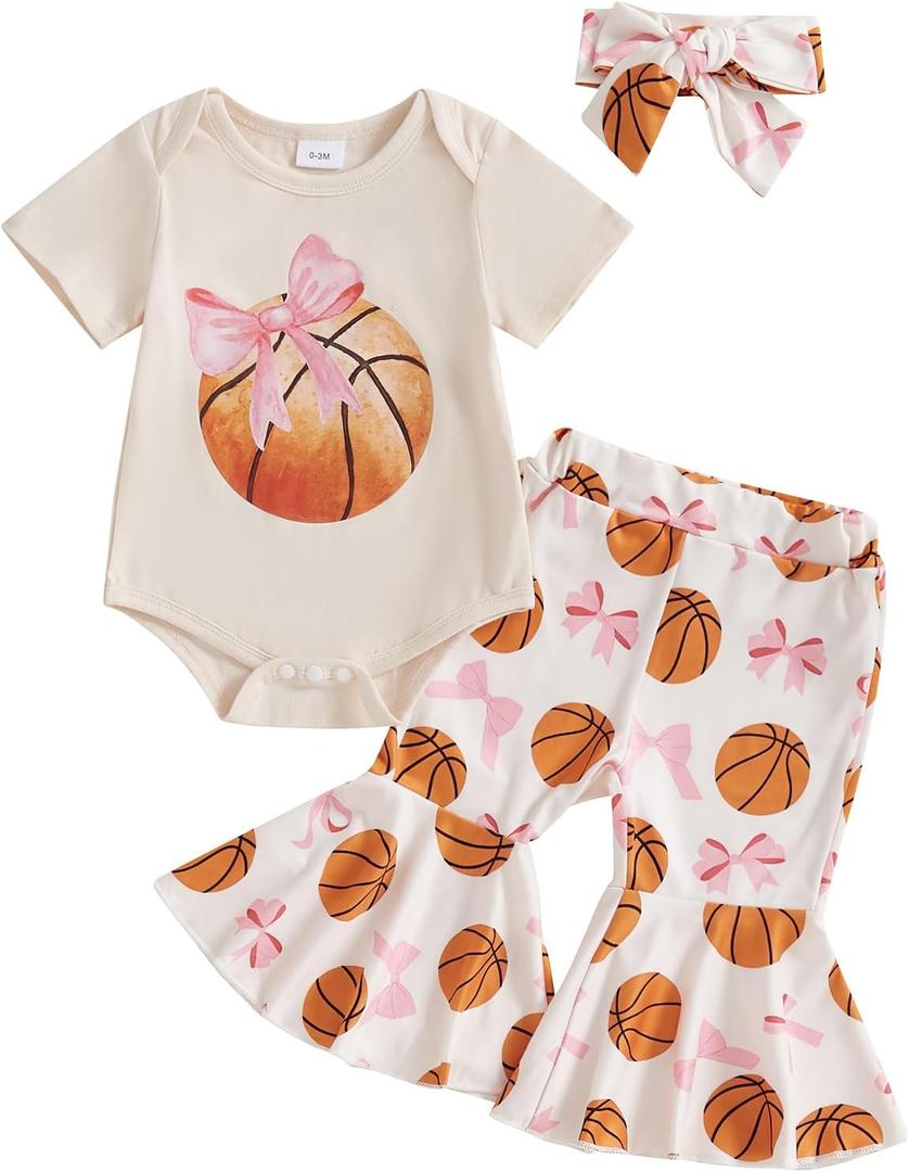Newborn Baby Girl Summer Clothes Basketball Bow Short Sleeve Romper Tops Bell Bottom Pants Headband 3Pcs Set (Khaki, 0-3 Months)