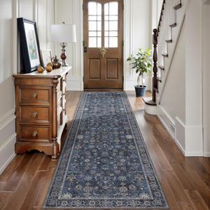 Tangsoo 2.6x8 Runner Rug for Hallway Kitchen, Non Slip Washable Long Rug Runner Boho Vintage Floral Carpet, Distressed Blue Black Soft Low Pile Indoor Runners for Entryway, Laundry, Kids&pets Friendly