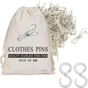 100 Pcs Clothespins Laundry Chip Clips - Durable Stainless Steel Clothes Pins,Heavy Duty Clamp Metal Wire Clothes Pegs with One Storage Bag & 2 Hooks,for Outdoor Clothesline Home Kitchen Office