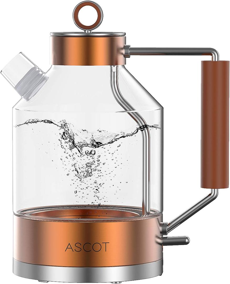 ASCOT Electric Kettle, Glass Electric Tea Kettle Gifts for Men/Women/Family 1.6L 1500W Borosilicate Glass Tea Heater, with Auto Shut-Off and Boil-Dry Protection (Copper)