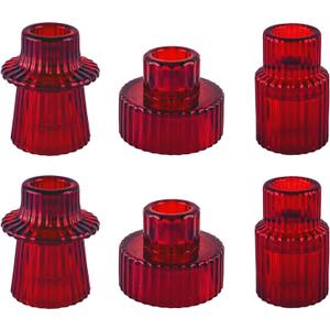Double Sided Vintage Ribbed Taper Glass Candle Holders,Tea Candle Holder for Table Centerpieces, Wedding Decorations and Dinner Parties (Red, 6 PCS)