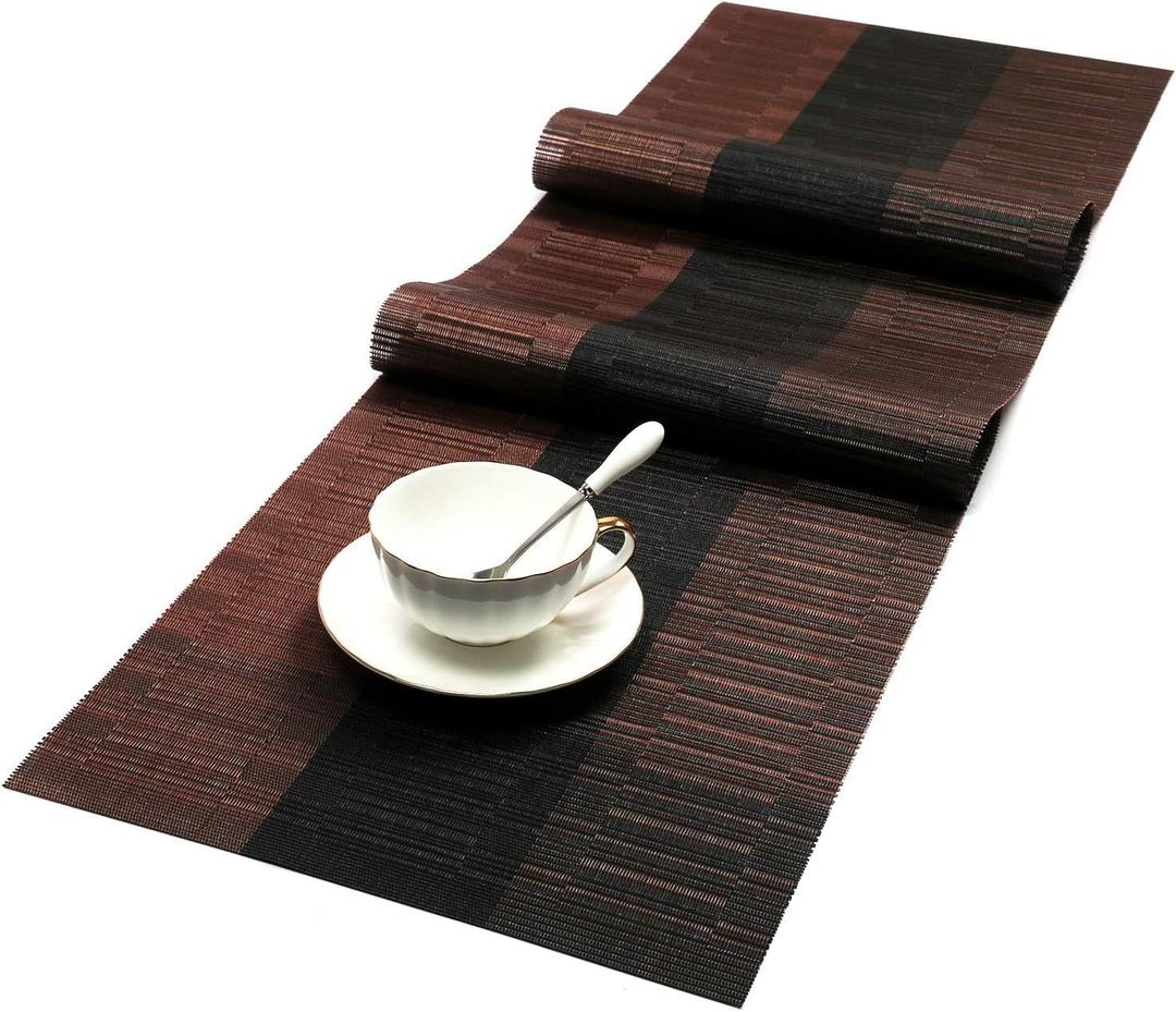 SHACOS Woven Vinyl Table Runners PVC Table Runners 12 x 90 inch Long Wipeable Bamboo Weave Runner for Tables Indoor Outdoor, Ombre Coffee Black
