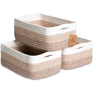 NaturalCozy 11.8"x8"x4.5 Storage Baskets for Shelves 3 Pack | Cotton Rope Woven Small Baskets for Organizing | Small Storage Bins for Nursery, Bathroom, Closet, Cube Shelf, Decorative, Gift Basket (Tone Brown)