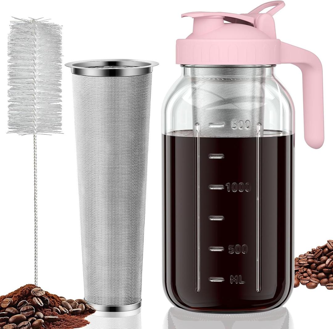 Cold Brew Coffee Maker Jar - 64oz Thick Glass Multipurpose Mason Pitcher Spout Lid with Handle & Stainless Steel Filter for Iced Coffee, Lemonade, Ice Tea, Homemade Fruit Drinks Container (Pink) Cold Brew Coffee Maker Jar - 64oz Thick Glass Multipurpose Mason Pitcher Spout Lid with Handle & Stainless Steel Filter for Iced Coffee, Lemonade, Ice Tea, Homemade Fruit Drinks Container (Pink)