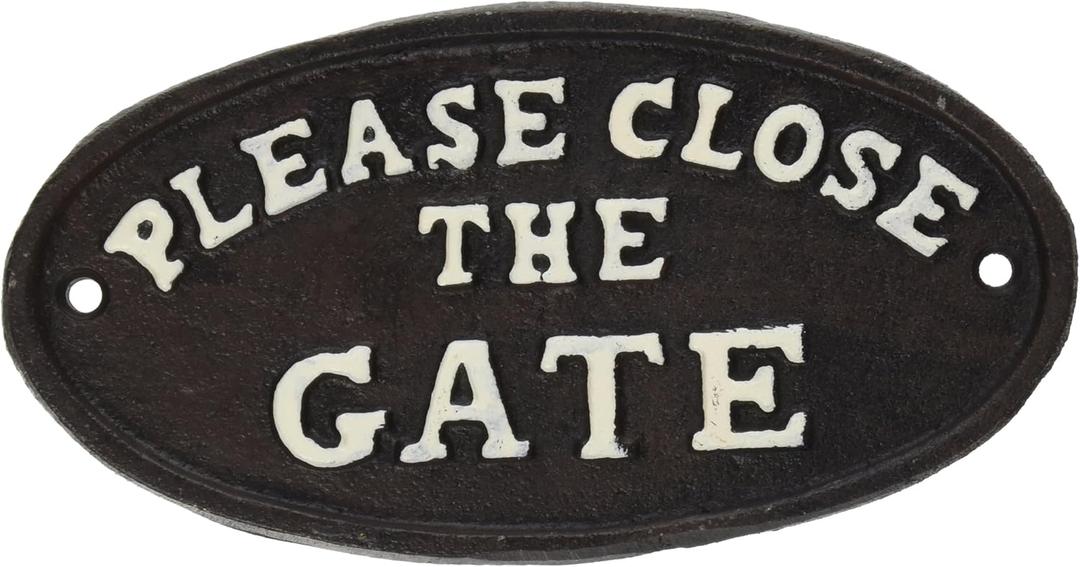 Abbott Collection Cast Iron Oval Please Close The Gate Plaque Black, 7 inches, L