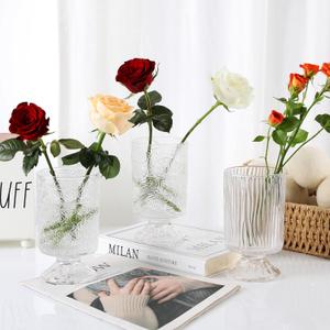 Vintage Glass Vases Set of 3 for Centerpieces, Ribbed Embossed Base Vases for Wedding & Home Decor, 7" H x 4" D  Decorative Glass Containers for Flowers & Organization (3)