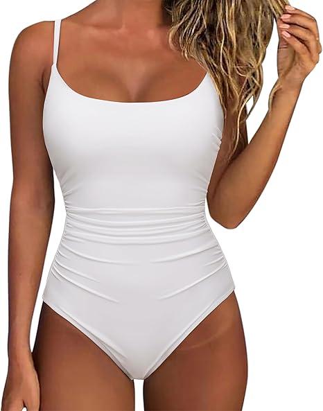 SUUKSESS Women Sexy One Piece Tummy Control Swimsuit Scoop Neck Slimming Swimwear 2025 Crisscross Backless Bathing Suit(White,Medium)