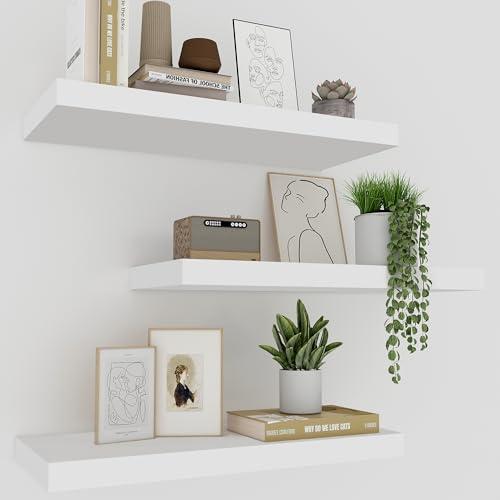 Upassion White Floating Shelves for Wall Set of 3, 16" White Shelves for Home Decor, Frame Display Wall Mounted Floating Shelf for Living Room, Bedroom, Bathroom, Kitchen