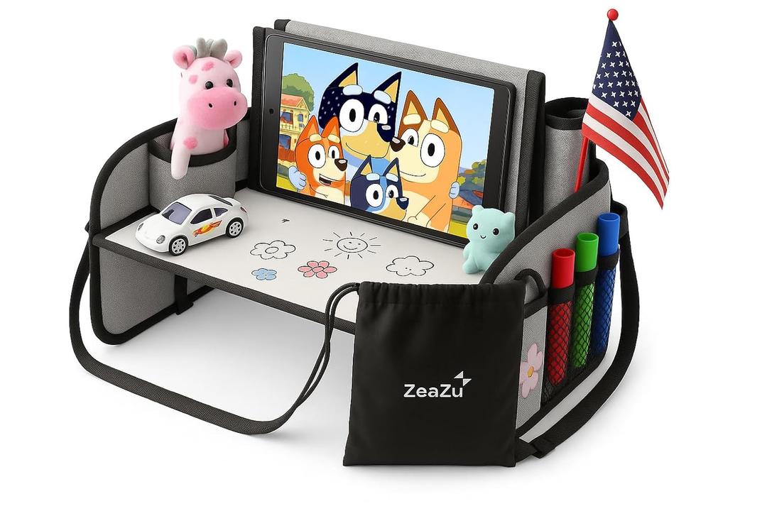 Kids Travel Tray - Foldable Toddler Lap Desk with Dry Erase Board, Car Seat Tray for Toddler, Waterproof Lap Tray for Airplane Kids Travel Essentials for Road Trip Activities, Silver