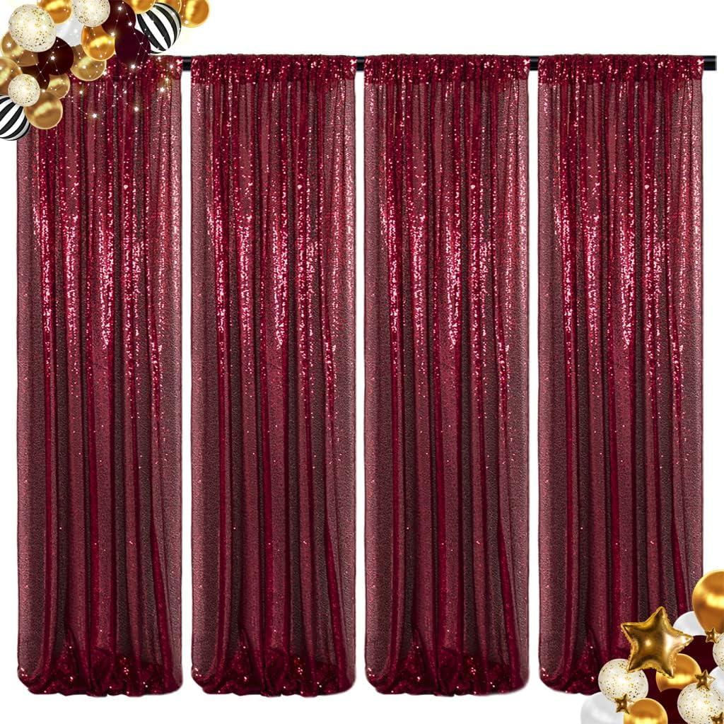 ShinyBeauty Sequin Backdrop 4 Panels Burgundy 2FTx8FT Fabric Photo Curtains for Party Baby Shower Glitter Backgrounds Burgundy, 24"W x 96"L (Pack of 4)