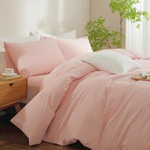 Striped Duvet Cover Set Queen Size 3 Pcs Breathable Durable 100% Washed Cotton Comforter Cover for All Seasons Chic Linen Like Textured Bedding Set (Pink White Pinstripes, Queen)
