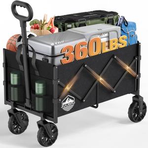 Collapsible Wagon, Portable Folding Wagons Carts with Wheels Foldable, 360lbs Heavy Duty Utility Cart with Cup Holders for Beach Grocery Camping Garden (120L)