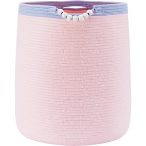 65L Pink Woven Rope Laundry Hamper Basket for Clohtes Boho Tall Rope Baskets for Blanket Large Baby Nursery Hamper for Girls Kids 16"Wide 19"Tall