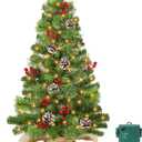 Timer - 3 ft Artificial Small Christmas Tree with 50 Warm White Lights, Mini Table top Christmas Tree, Battery Operated 100 Thick Branches Pinecones Red Berries Burlap Base Xmas Desk, Home Decor
