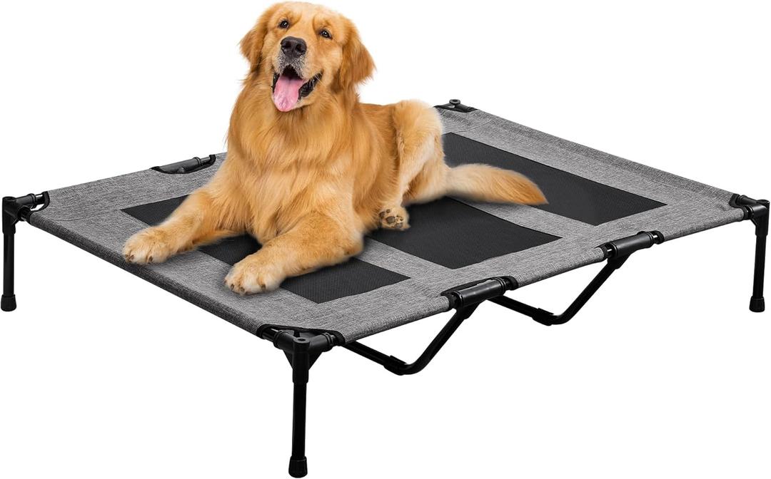 PRAISUN XL Outdoor Dog Bed, Elevated Dog Bed with Durable Oxford Fabric, Textilene Mesh, Metal Frame for Indoors, Outdoors, Lawn, Heather Grey, Size: X-Large