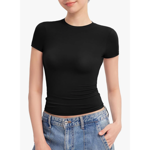 PUMIEY Women's Crew Neck Short Sleeve Tops Double Lined Slim Fit T Shirts Basic Tee Smoke Cloud Pro Collection (X-Large, Jet Black)