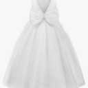 Uhnice Flower Girl Pearls Dress V-Back Tulle Ball Gown Satin Prom with Bow-Knot for Wedding Pageant Birthday Party, 12Y