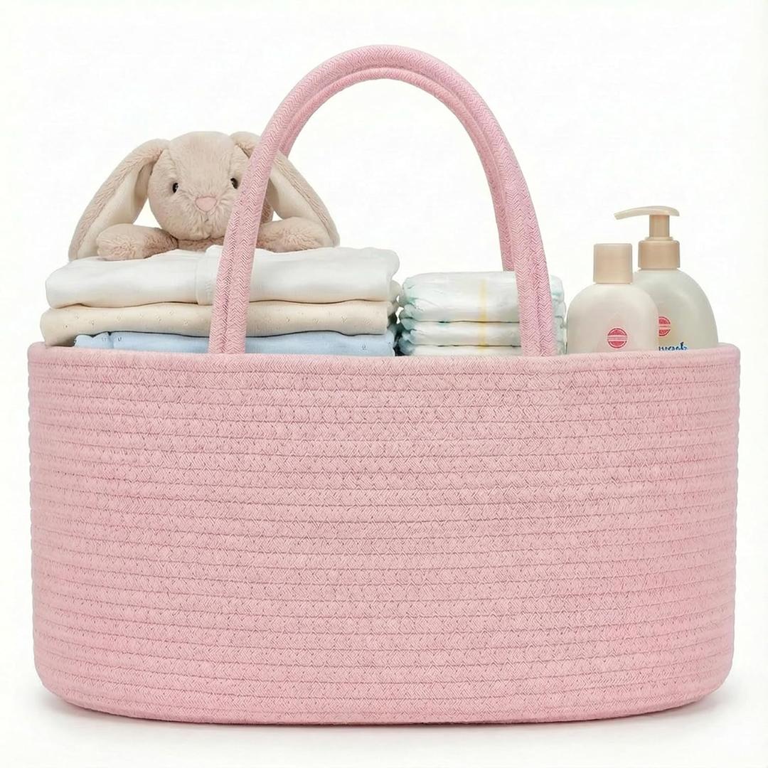luxury little Diaper Caddy Organizer, Large Cotton Rope Nursery Baby Basket, Changing Table Organizer for Baby Diaper Storage, Portable Car Organizer Removable Divider (Light Pink, Large)