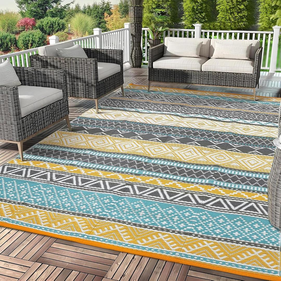 GAOMON Outdoor Rug 9'x12' Waterproof Rug for Patio Decor, Foldable Reversible Plastic Straw Area Rugs Mat for Camper, Outside Carpet for Deck, Porch, Picnic, Beach, Teal/Yellow (Bohemia)
