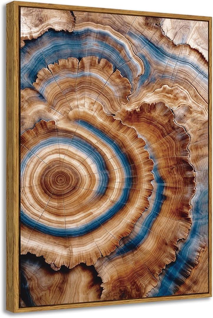 BingruiArt Framed Tree Ring Canvas Wall Art Abstract Wood Wall Decor Boho Modern Colorful Nature Painting Wood Stump Prints Pictures for Living Room Bedroom Bathroom Office 12"x16" Natural Framed(10)