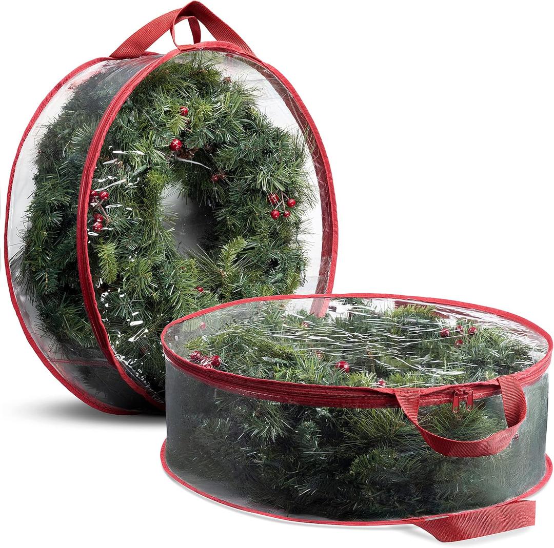 ZOBER 2 Pack Christmas Wreath Storage Container 24 Inch - Wreath Bag for Artificial Wreaths Box - Dual Zippered Wreaths Storage Bag with Durable Stitch Reinforced Handles - Red