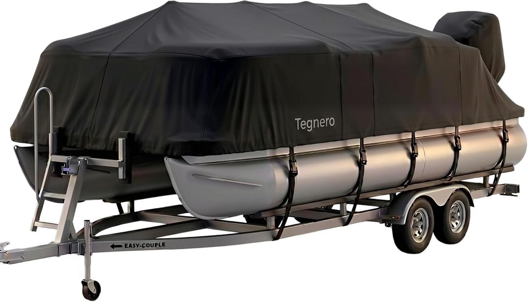 1200D Pontoon Boat Cover 17-20ft,with 14 Adjustable Tie Down Straps, Black
