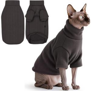 Idepet Sphynx Cat Warm Turtleneck Sweater Hairless Cats Shirt Pullover Kitten T-Shirts Thick Soft Fleece Clothes Cute Outfit Coat Pajamas for Cats and Puppy (Dark Brown, Large)