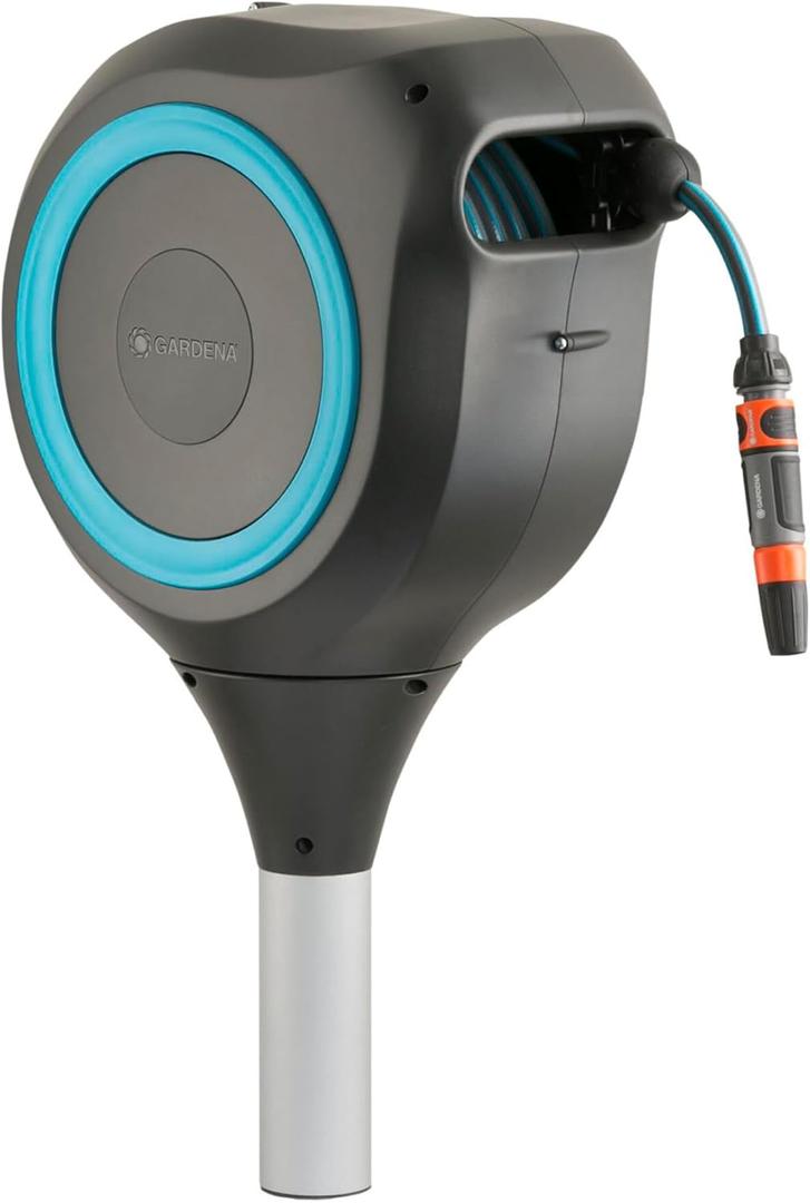 GARDENA Automatic Retractable Garden Hose Reel - 66 Feet - 360 Degree Swivel Outdoor Hose Reel with Metal Spike Base - Auto Retract - UV Resistant Housing - Easy Install No Tools Required - 18614