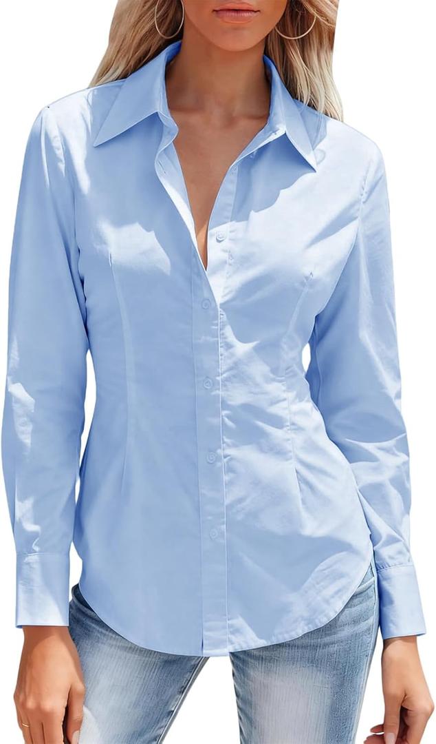 Mutitop Button Down Shirts for Women Long Sleeve Dress Shirts Wrinkle Free Collared Work Office Solid Blouses Corset Tops (Large, B-light Blue)
