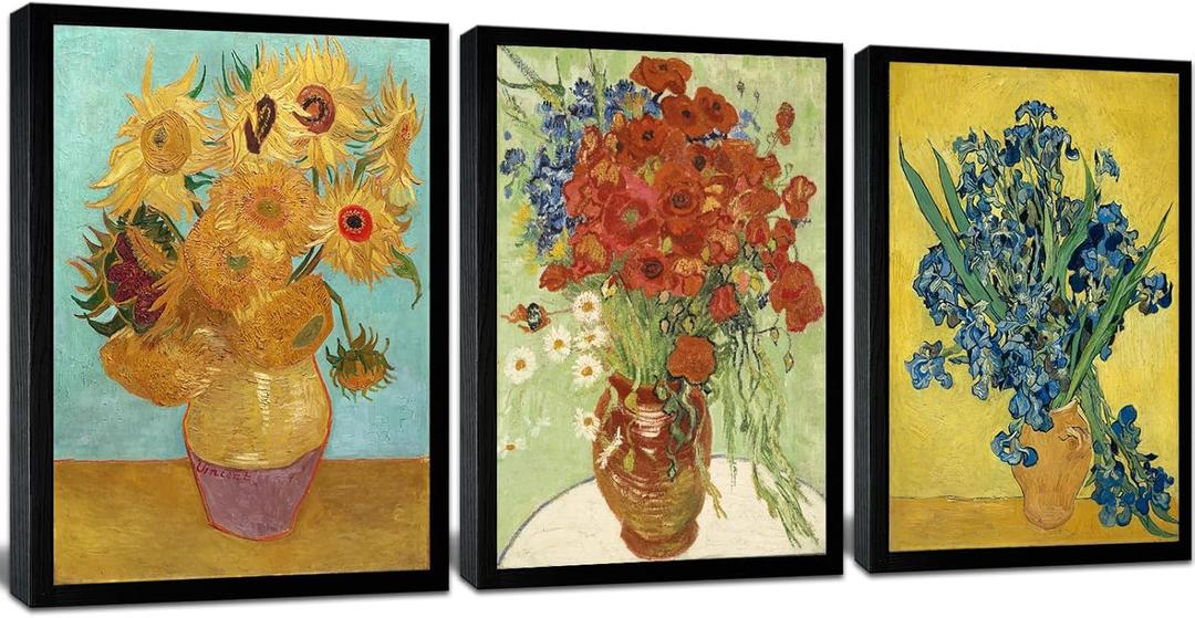 Black Framed Sunflowers- Irises Flower Vase Vincent Van Gogh Art Reproduction, Giclee Canvas Prints Wall Art for Home Decor 16"x24" (16" x 24" x 3pcs Black Frame, Sunflower and Irises)