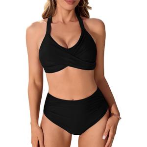 Women's Two Piece Swimsuits Full Coverage Bikini Set Tummy Control Bathing Suit Push Up V Neck Twist Front Swim Suits (Large, Black)