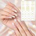 3 Sheets French Line Nail Art Stickers, 3D Rhinestone Nail Stickers Self-Adhesive Curved Stripe Designs Waved Nails Design Sticker French Nails Decals for Women Girls Nail-Art Decorations (Gold)