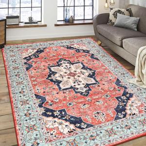 FlyDOIT Vintage Area Rugs for Living Room, 6x9 Red Blue Floral Medallion Washable Rug for Bedroom, Faux Wool Ultra Soft Retro Accent Rug, Non Slip Indoor Carpet for Kitchen Office Dining Room Decor