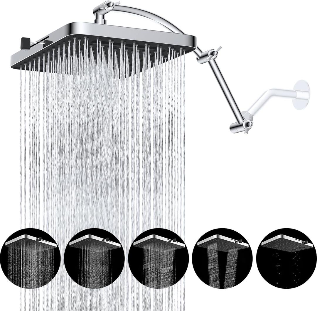Hibbent Rain Shower Head, 13'' High Pressure Rainfall Square 5 Spray Mode Showerhead with 16" Shower Head Extension Arm, Solid Brass Adjustable Shower Arm Extender, Waterfall fixed Showerheads, Chrome