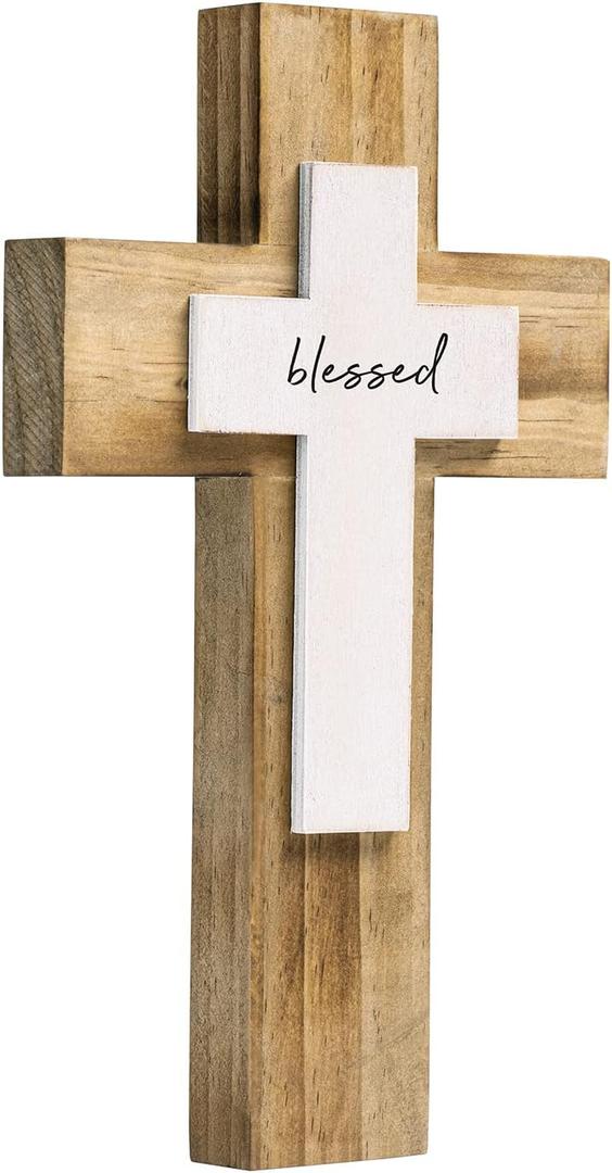 OKSQW Wall Wooden Cross Christians Crosses Spiritual Religious Cross With Hook Christmas Wall Hanging Handmade Nature Wood Color with Blessed Design for Church Home Room Decor Wood Crucifix Gift